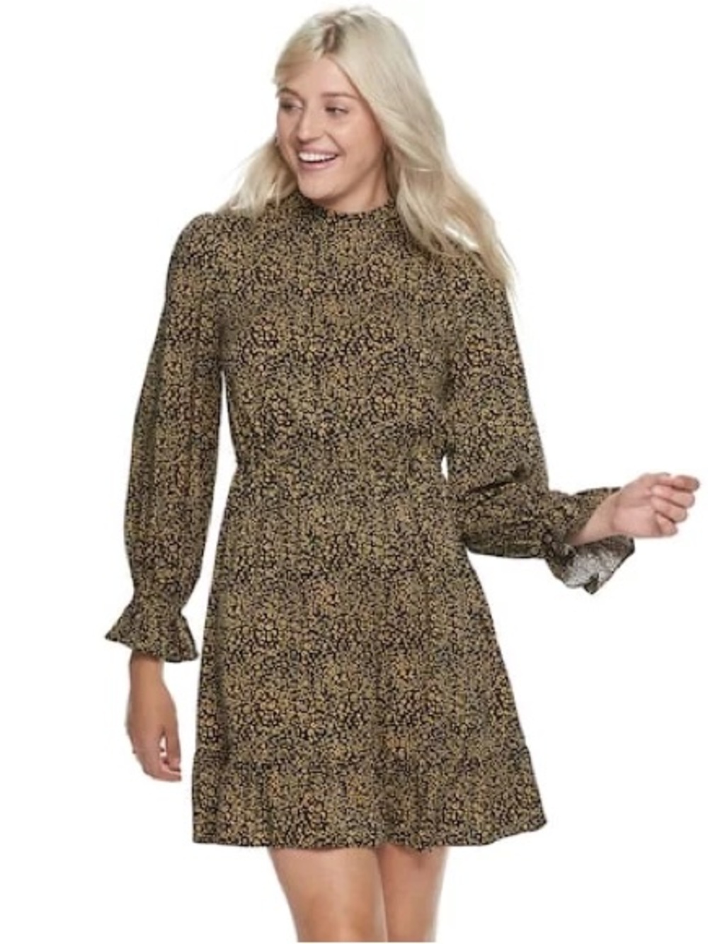 NWOT POPSUGAR Mock-Neck Long Sleeve Print Mini Dress, Ruffles on Sleeves & Hem